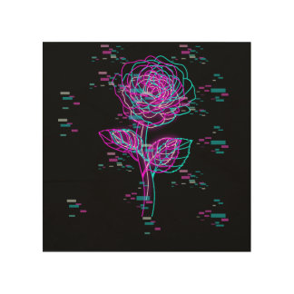 Neon Glitch Rose Design Wood Wall Art