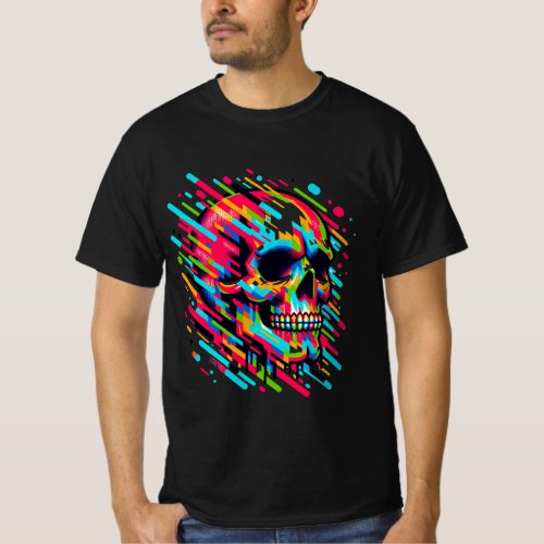 Neon Glitch Skull _ Vibrant Digital Artwork for  T_Shirt