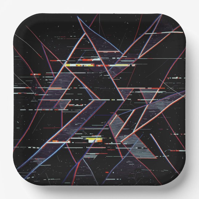 Neon Glitchcore Geometric Shapes on Black Paper Plates (Front)