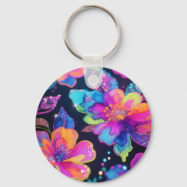 Neon Glitter Floral Pattern Keychain (Front)