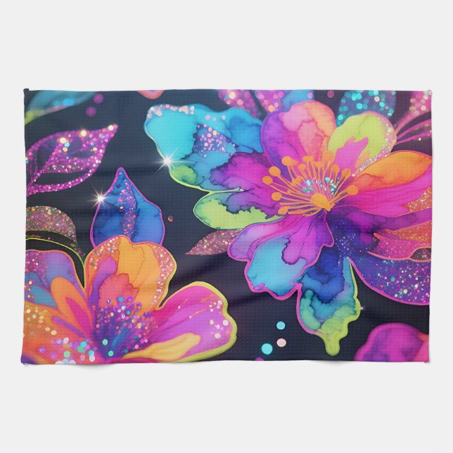 Neon Glitter Floral Pattern Kitchen Towel (Horizontal)