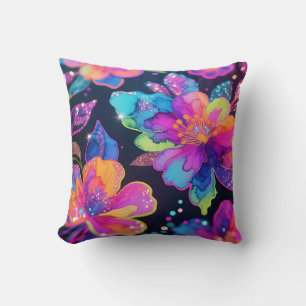 Neon Glitter Floral Pattern Throw Pillow