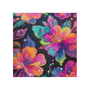 Neon Glitter Floral Pattern Wood Wall Art