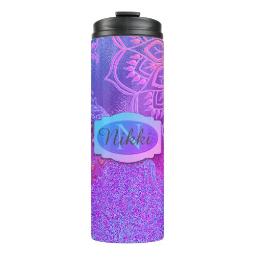 Neon Glittery Lotus Leopard Pink Purple Monogram   Thermal Tumbler