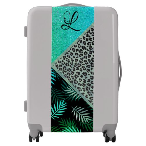 Neon Glittery Teal Tropical Leopard Monogram   Luggage