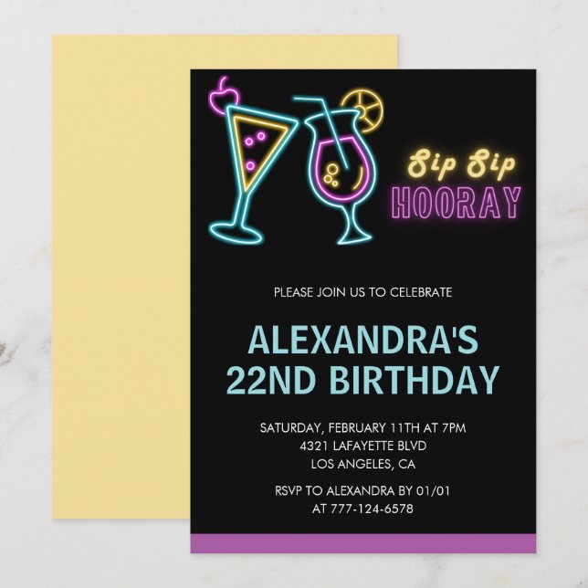 Neon Glow 22nd birthday invitations Cocktail (Front/Back)