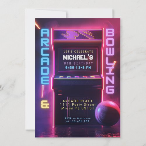 Neon Glow Arcade And Bowling Birthday Party Invitation