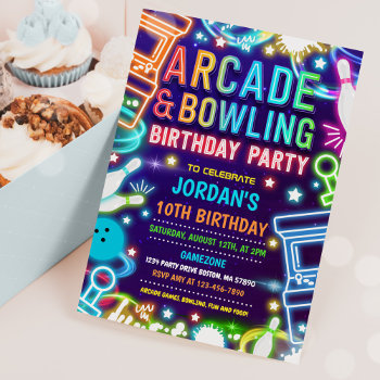 Neon Glow Arcade And Bowling Birthday Party  Invitation by PixelPerfectionParty at Zazzle