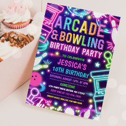 Neon Glow Arcade And Bowling Birthday Party  Invitation