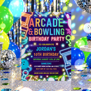 Neon Glow Arcade And Bowling Birthday Party Invitation