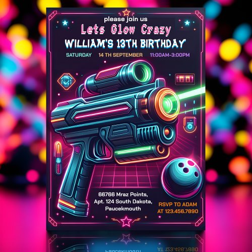 neon Glow arcade gun Laser Tag 13th Birthday Invitation