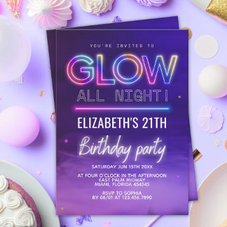 Neon Glow Birthday Party – Glow All Night Theme Invitation
