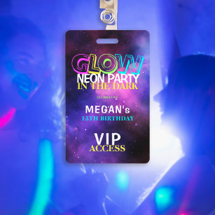 Neon glow birthday party VIP access invitation Badge