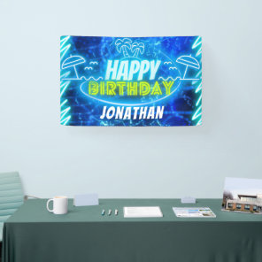 Neon Glow Blue Green Happy Birthday Boy Pool Party Banner
