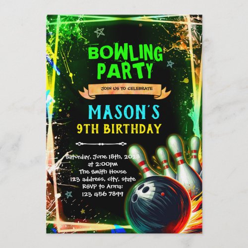 Neon glow bowling boy theme invitation