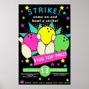 neon glow bowling night flyer, bowling tournament poster