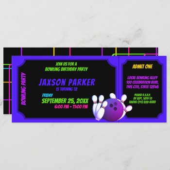 Neon Glow Bowling Party Birthday Ticket Invitation by happygotimes at Zazzle