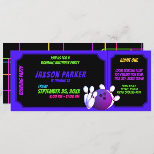 Neon Glow Bowling Party Birthday Ticket Invitation