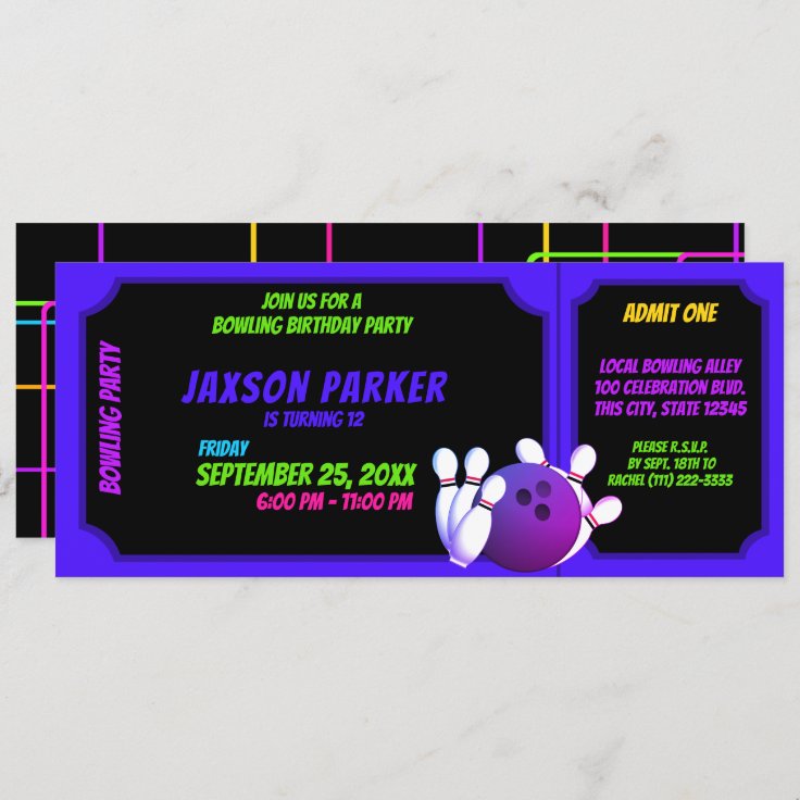 Neon Glow Bowling Party Birthday Ticket Invitation Zazzle