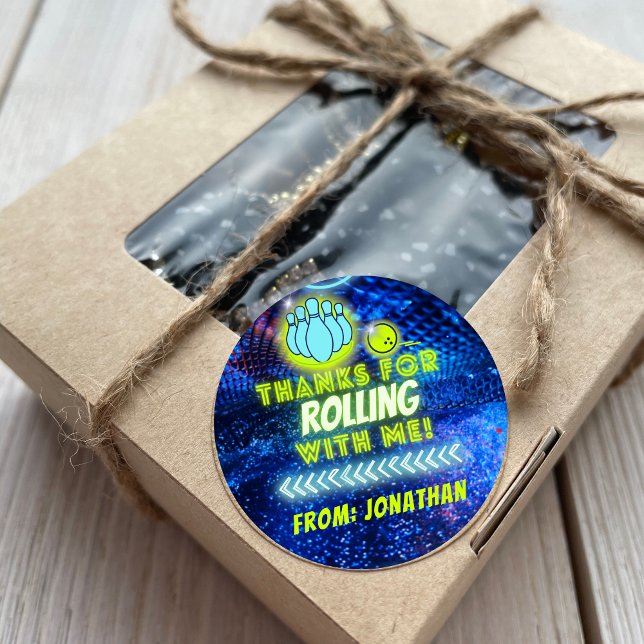 Neon Glow Bowling Party Thank You for Rolling Classic Round Sticker (Creator Uploaded)