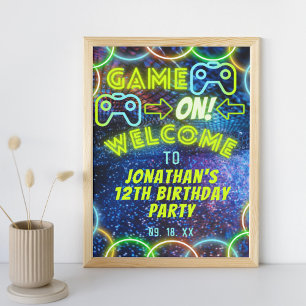 Neon Glow Boys Game On Gaming Party Welcome Sign