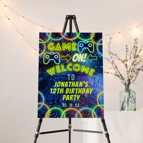 Neon Glow Boys Game On Gaming Party Welcome Sign
