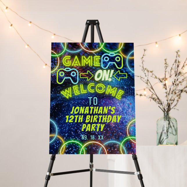 Neon Glow Boys Game On Gaming Party Welcome Sign (In Situ (Stand))