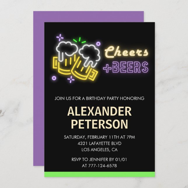 Neon Glow Cheers Beer Men 41st birthday Invitation (Front/Back)