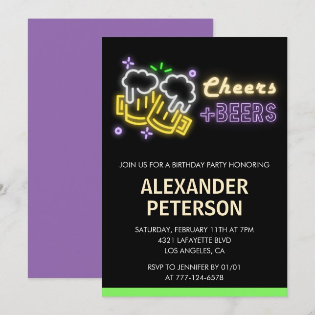 Neon Glow Cheers Beer Men 53rd birthday Invitation (Front/Back)