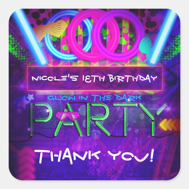 Neon Glow Club PARTY Birthday Favor Stickers (Front)