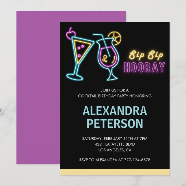 Neon Glow Cocktail 44th birthday Invitation (Front/Back)