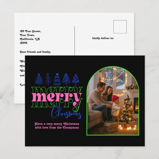 Neon Glow Cozy Arch Photo Merry Christmas Holiday Postcard (Front/Back)