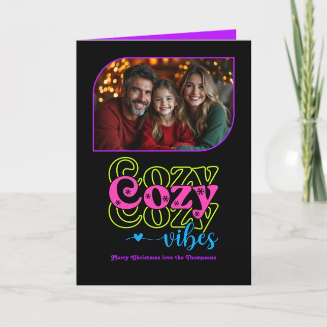 Neon Glow Cozy Vibes Retro Christmas Photo Holiday Card (Front)