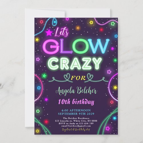 Neon Glow Crazy Birthday Party Invitation