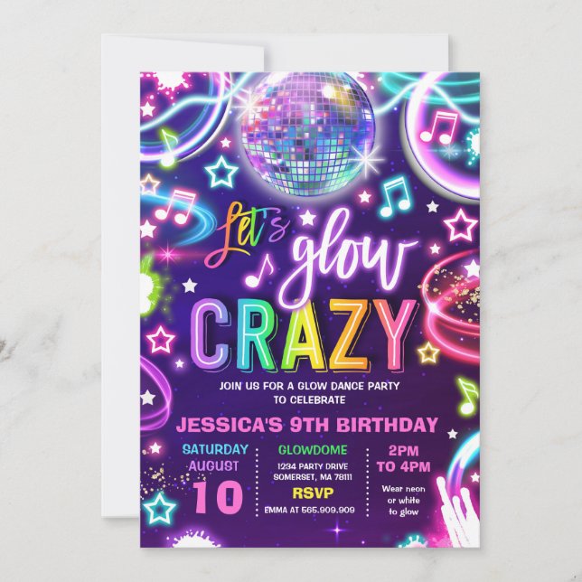 Neon Glow Crazy Disco Dance Birthday Party  Invitation (Front)