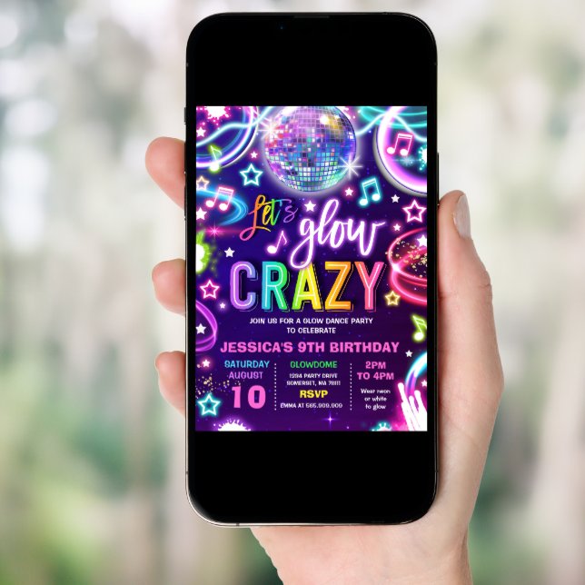 Neon Glow Crazy Disco Dance Birthday Party  Invitation (Front Digital)