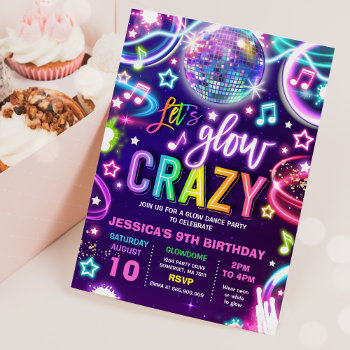 Neon Glow Crazy Disco Dance Birthday Party  Invitation by PixelPerfectionParty at Zazzle