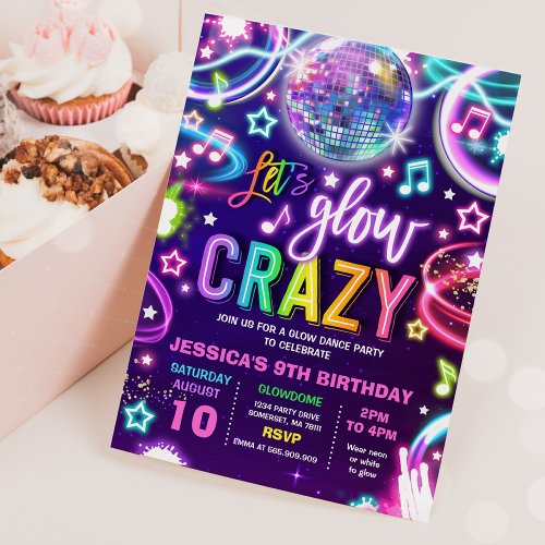 Neon Glow Crazy Disco Dance Birthday Party  Invitation
