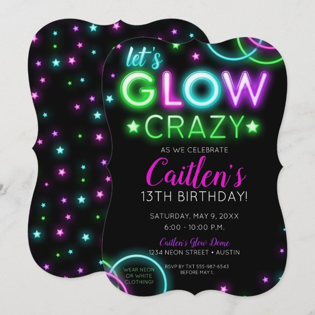 Neon Glow Crazy Girl Party Birthday Invitation (Front/Back)