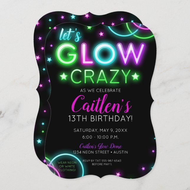 Neon Glow Crazy Girl Party Birthday Invitation (Front/Back)