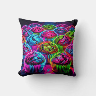 Neon Glow Cupcakes Pattern Throw Pillow