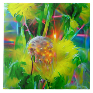Neon Glow Dandelions in Dream Garden Ceramic Tile