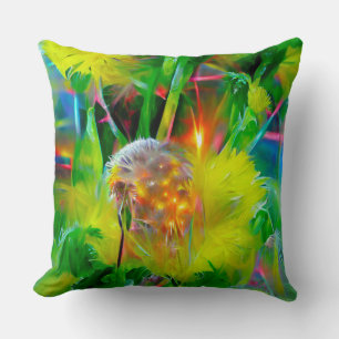 Neon Glow Dandelions in Dream Garden Throw Pillow
