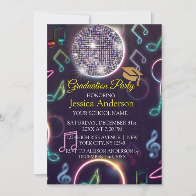 Neon Glow Disco Ball Graduation Party  Invitation (Front)