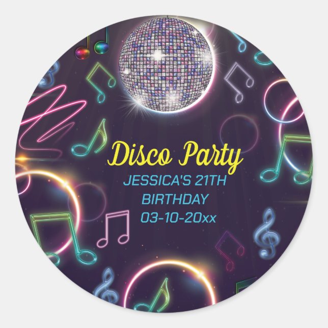 Neon Glow Disco Dance Birthday Party Classic Round Sticker (Front)