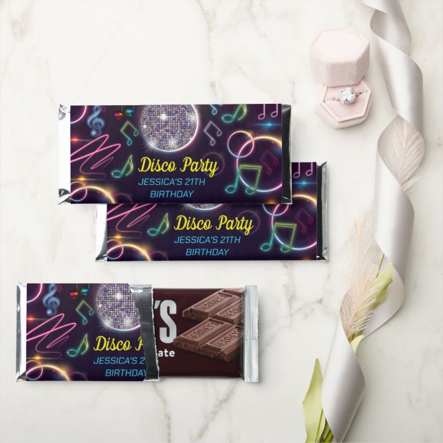 Neon Glow Disco Dance Birthday Party Hershey Bar Favors (Front)