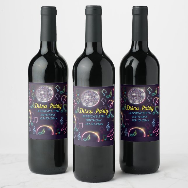 Neon Glow Disco Dance Birthday Party Wine Label (Bottles)