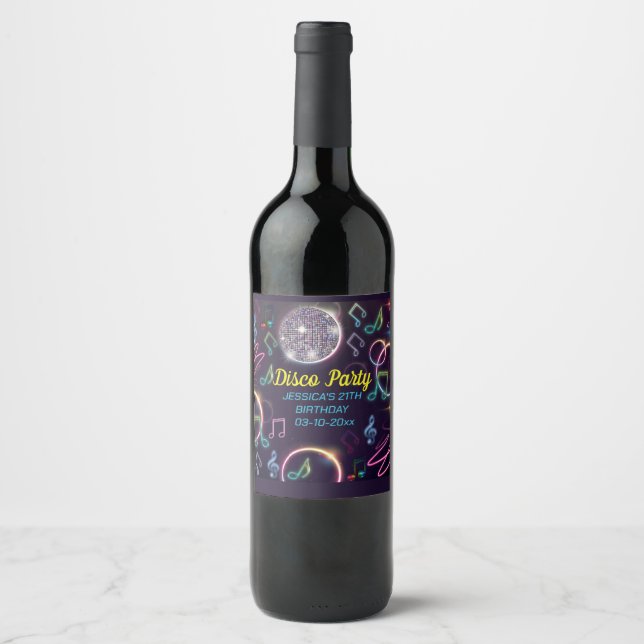 Neon Glow Disco Dance Birthday Party Wine Label (Front)