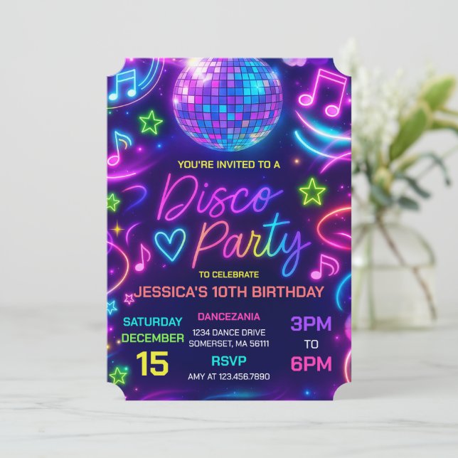 Neon Glow Disco Dance Party Birthday Invitation (Standing Front)