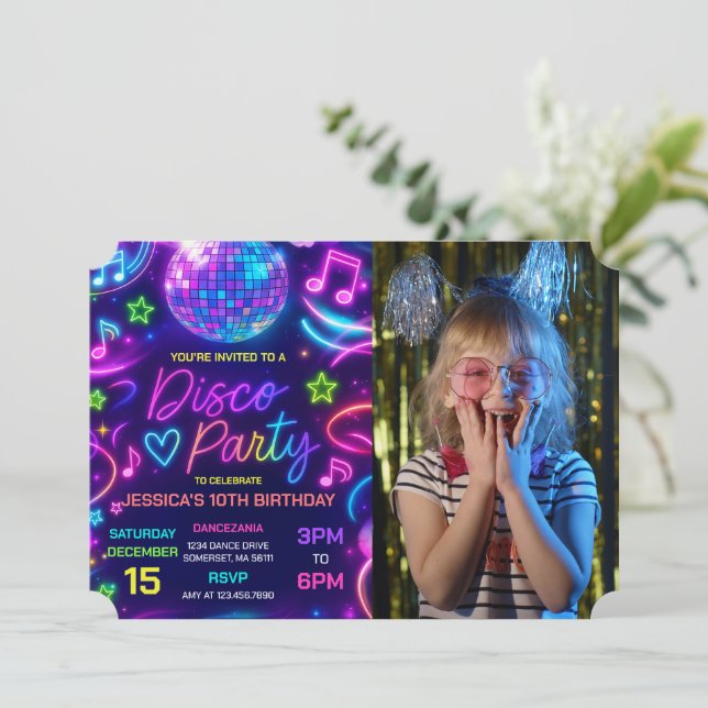 Neon Glow Disco Dance Party Birthday Photo Invitation (Standing Front)